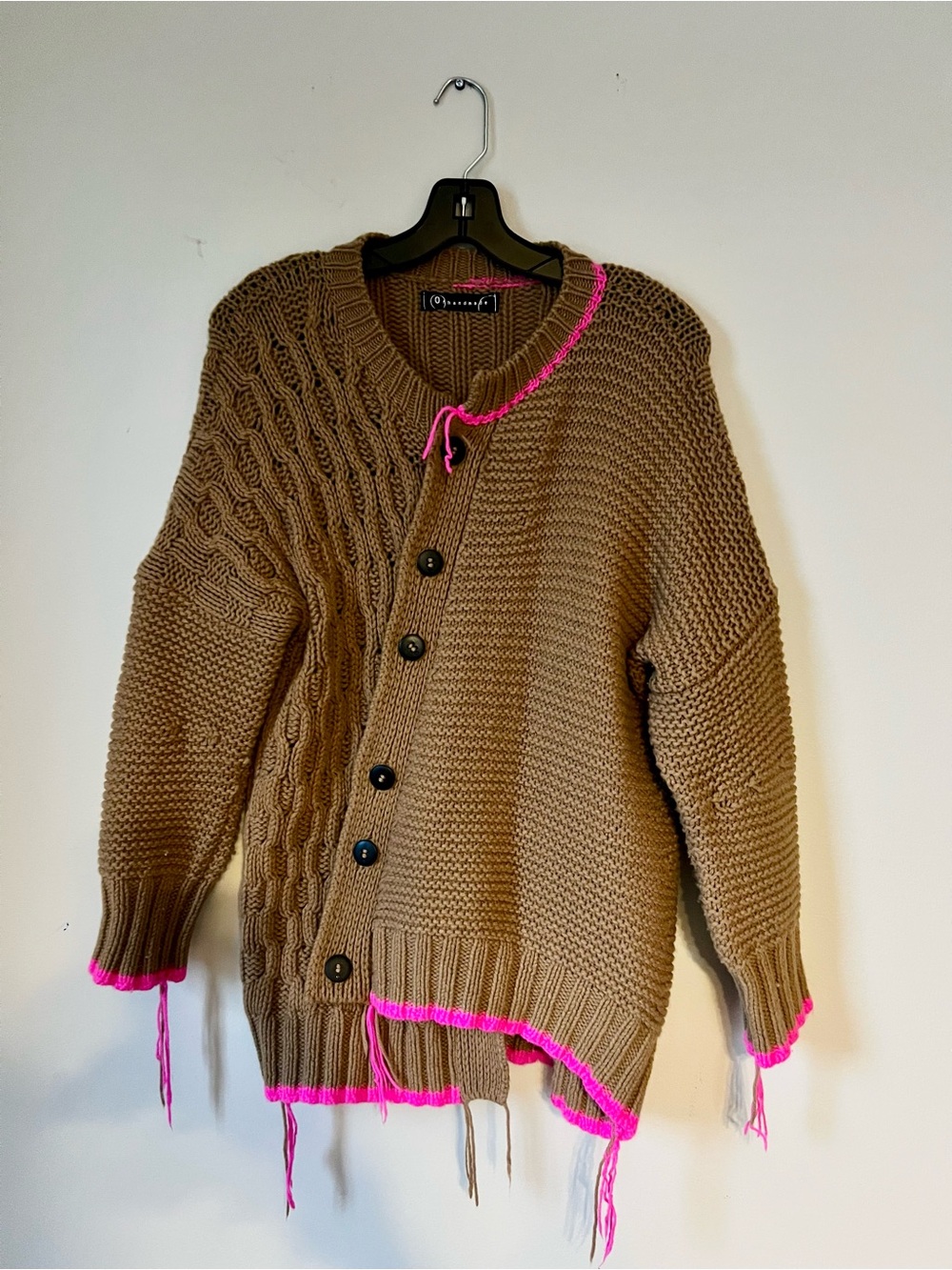 Women’s Brown Knit Cardigan with Pink Accent Trim